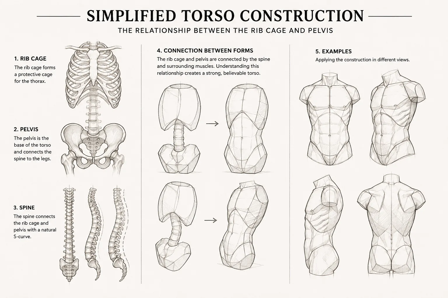 Simplified torso construction showing the relationship between the rib cage and pelvis