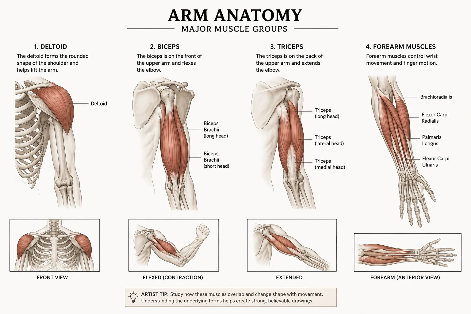 Simplified arm anatomy for artists showing the major muscle groups.