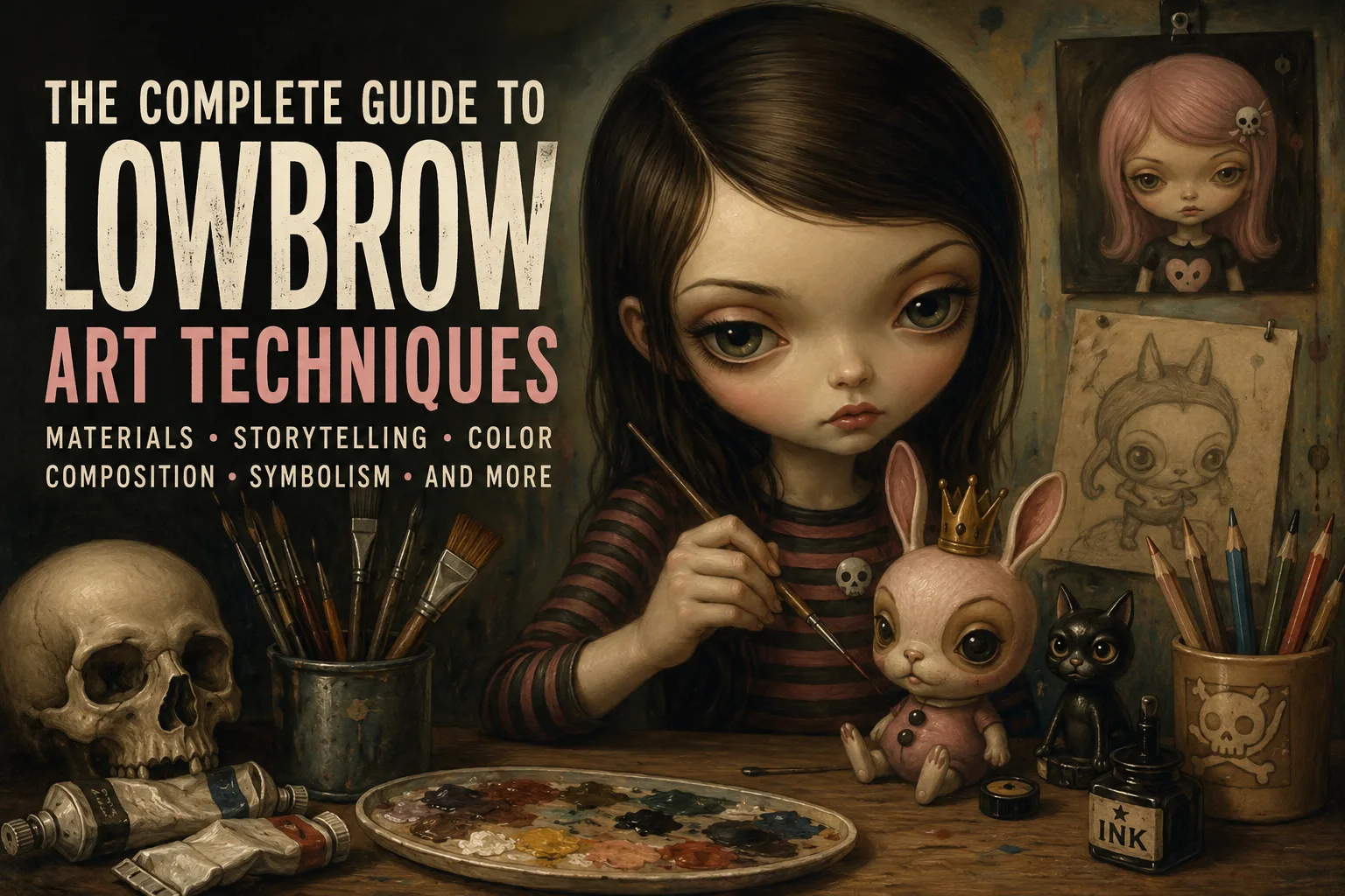 Painting supplies and sketchbook illustrating techniques used in Lowbrow Art and Pop Surrealism