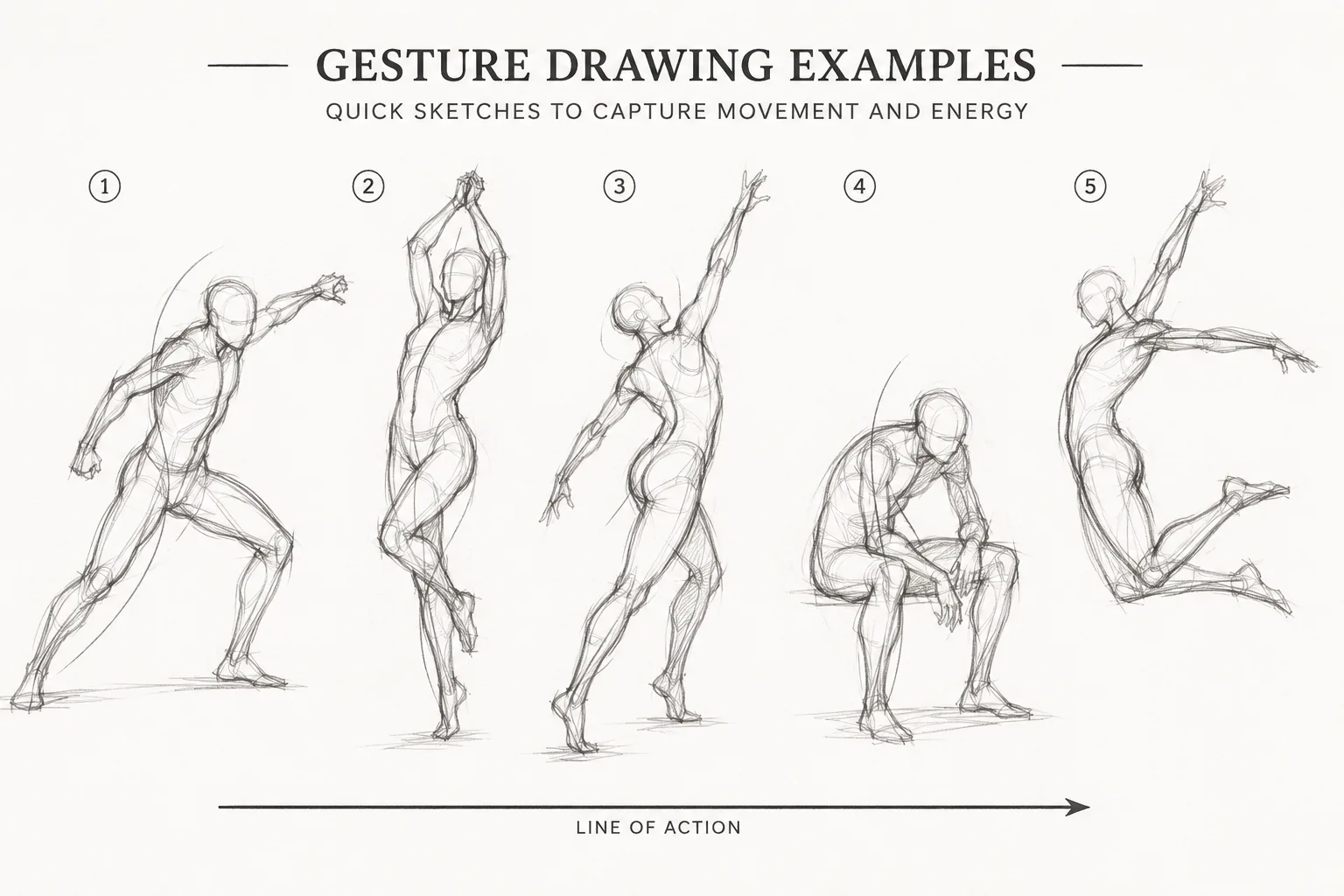 Gesture drawing examples demonstrating movement and line of action.