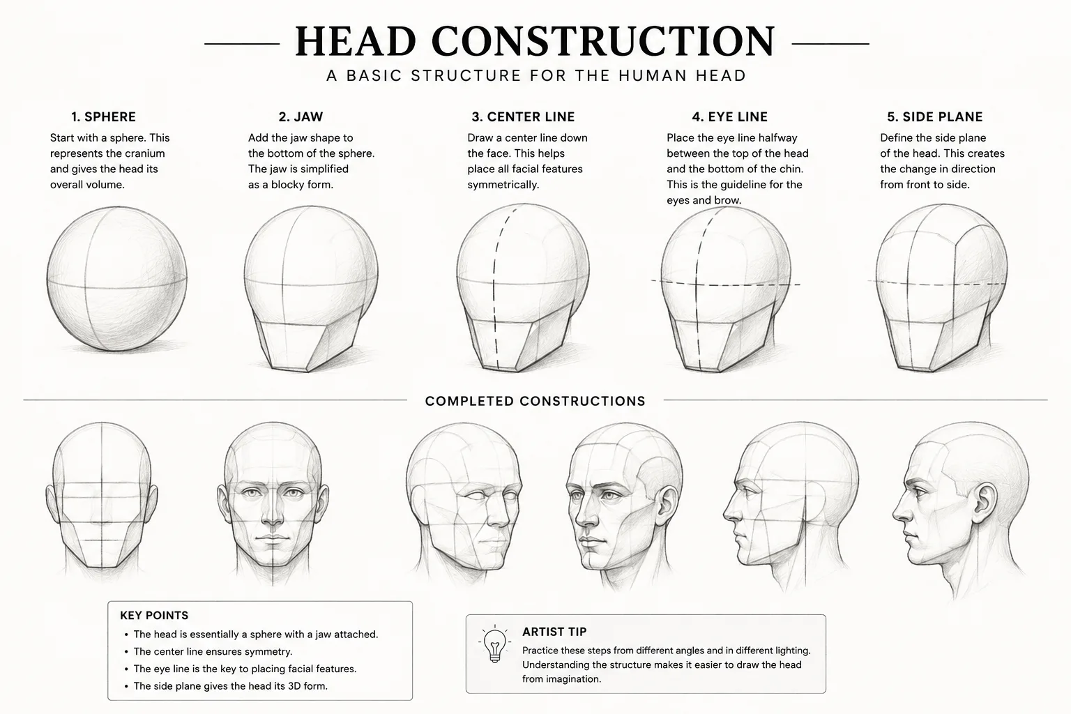 Basic head construction showing the sphere, jaw, and facial guidelines used by artists.