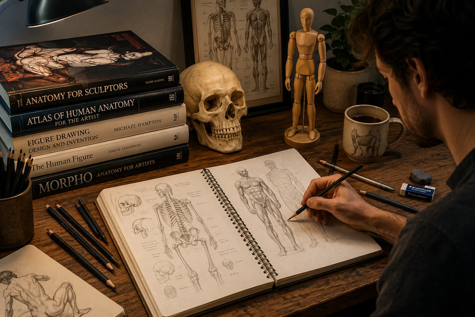 Artist practicing human anatomy drawing with anatomy books and sketching supplies