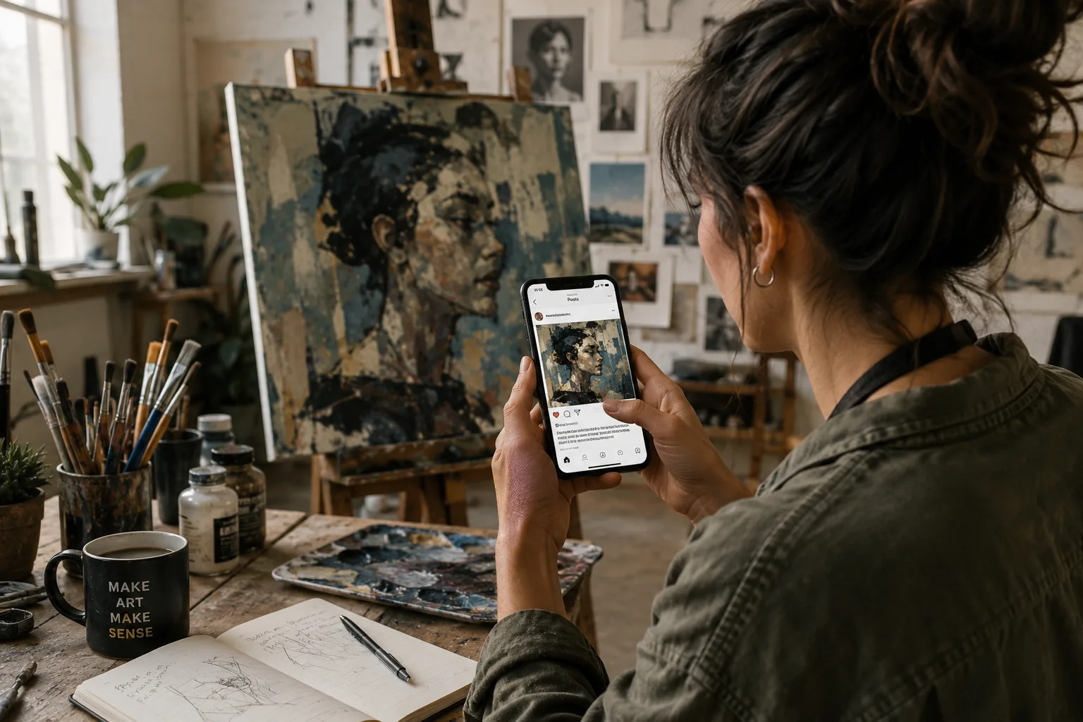 Artist using Instagram to share artwork from a creative studio