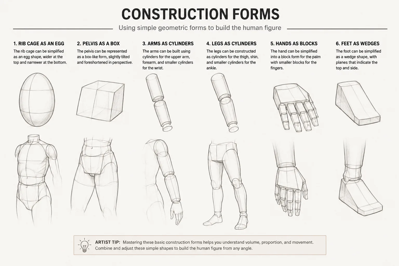 Human figure simplified into basic geometric construction forms for artists.