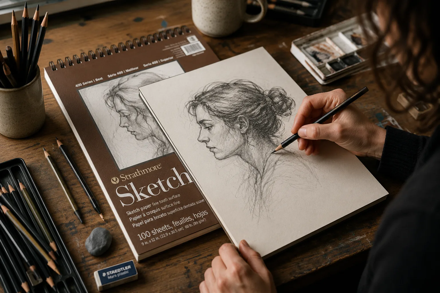 Artist Drawing on Strathmore 400 Series Sketch Pad