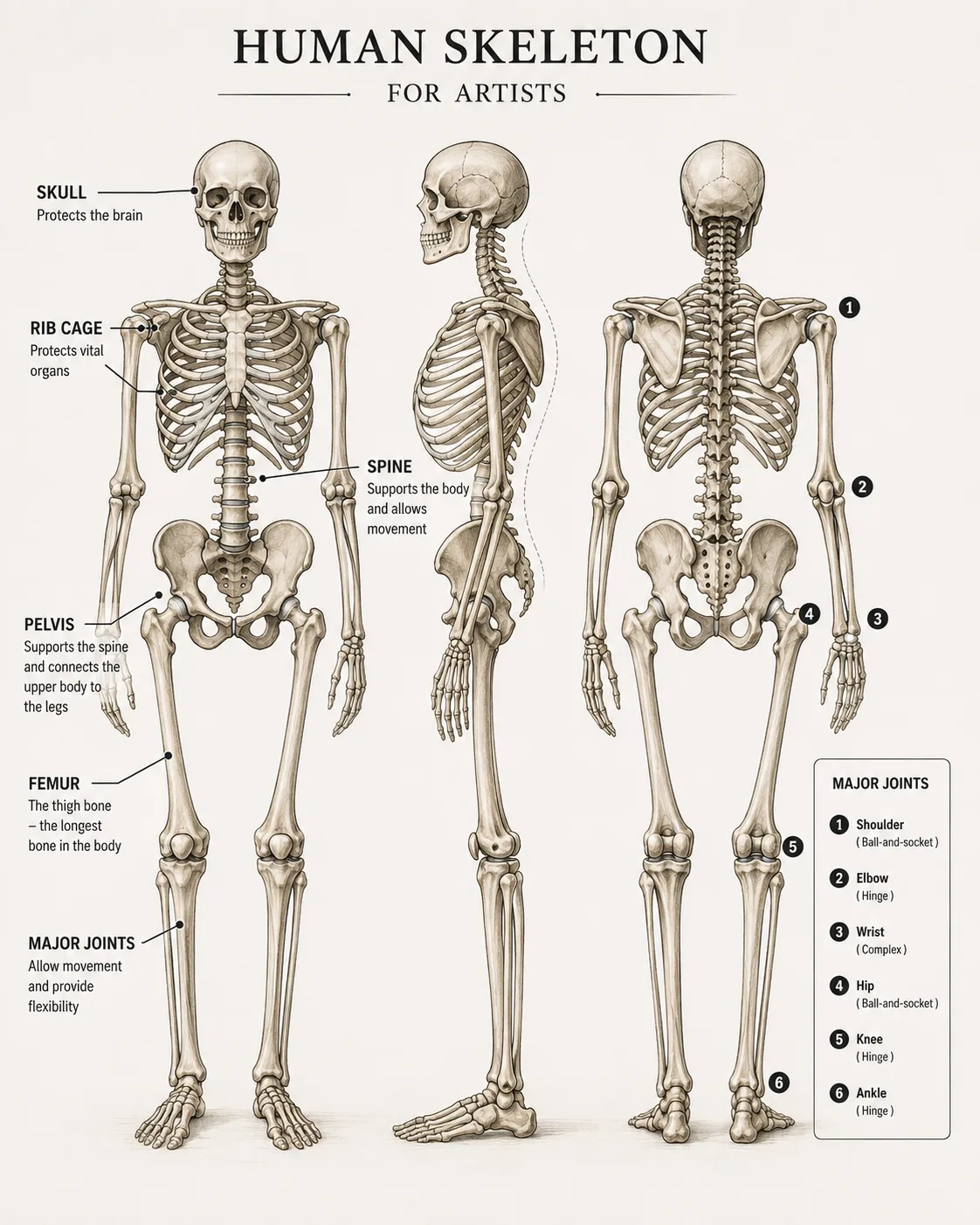 Simplified human skeleton labeled for artists studying anatomy.