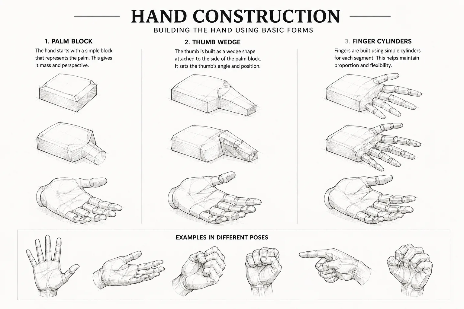 Simplified hand construction for artists using basic geometric forms