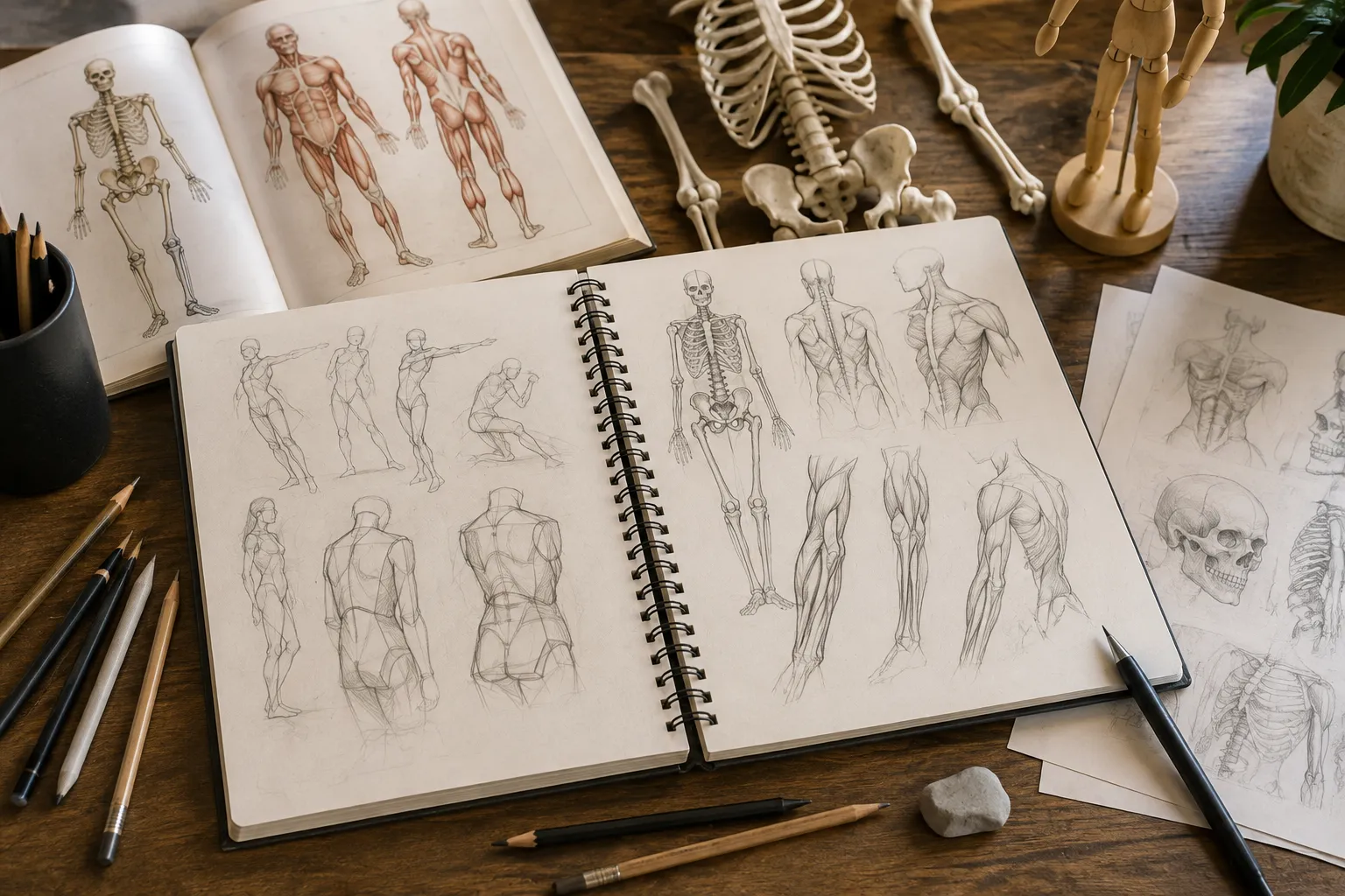 An artist's desk with an open sketchbook containing anatomical figure studies, gesture drawings, simplified skeletons and muscle studies. Pencils and anatomy references surrounding the sketchbook. Educational but artistic rather than medical, natural studio lighting, landscape composition, no text.