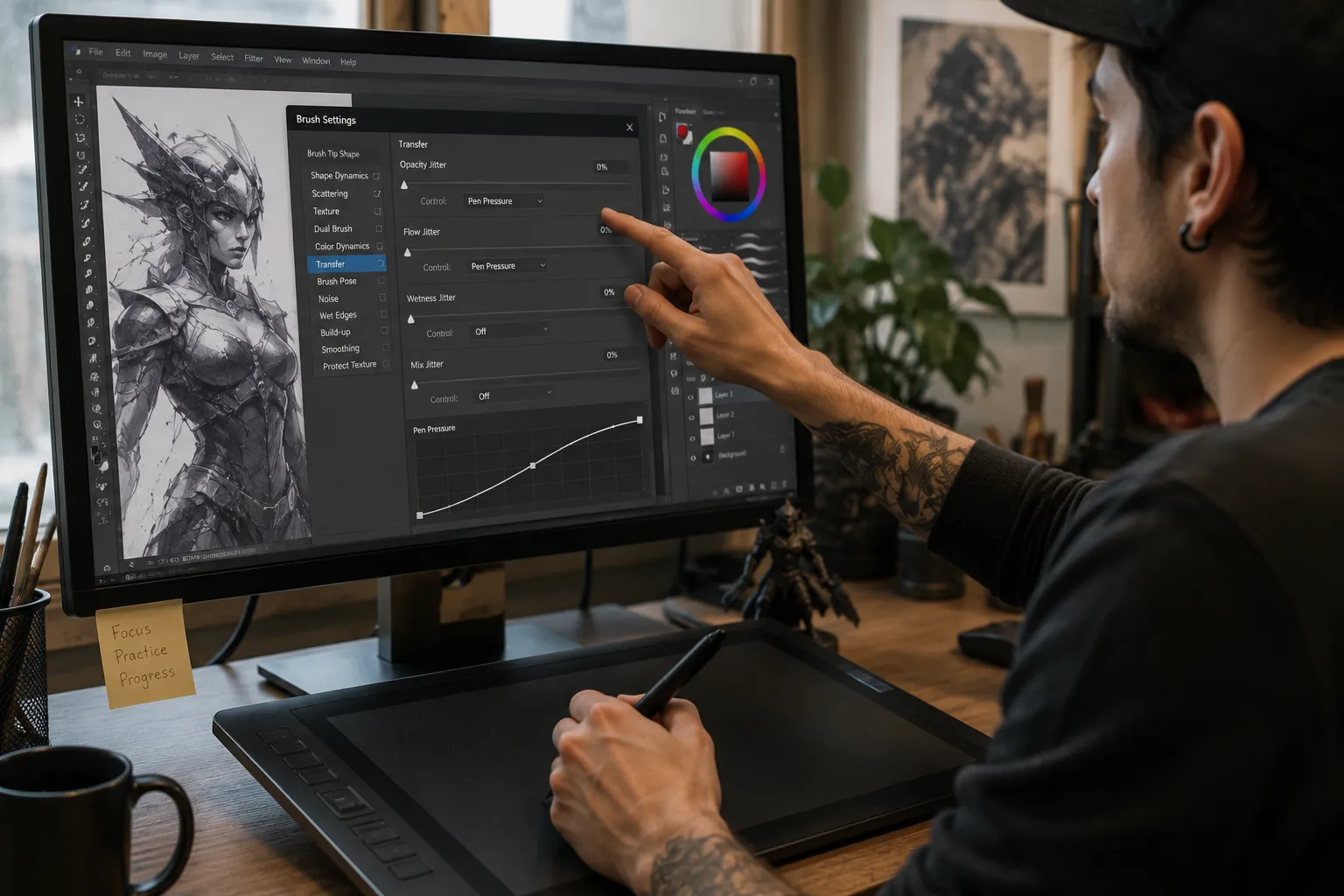 Artist adjusting pressure sensitivity settings for a drawing tablet in digital art software