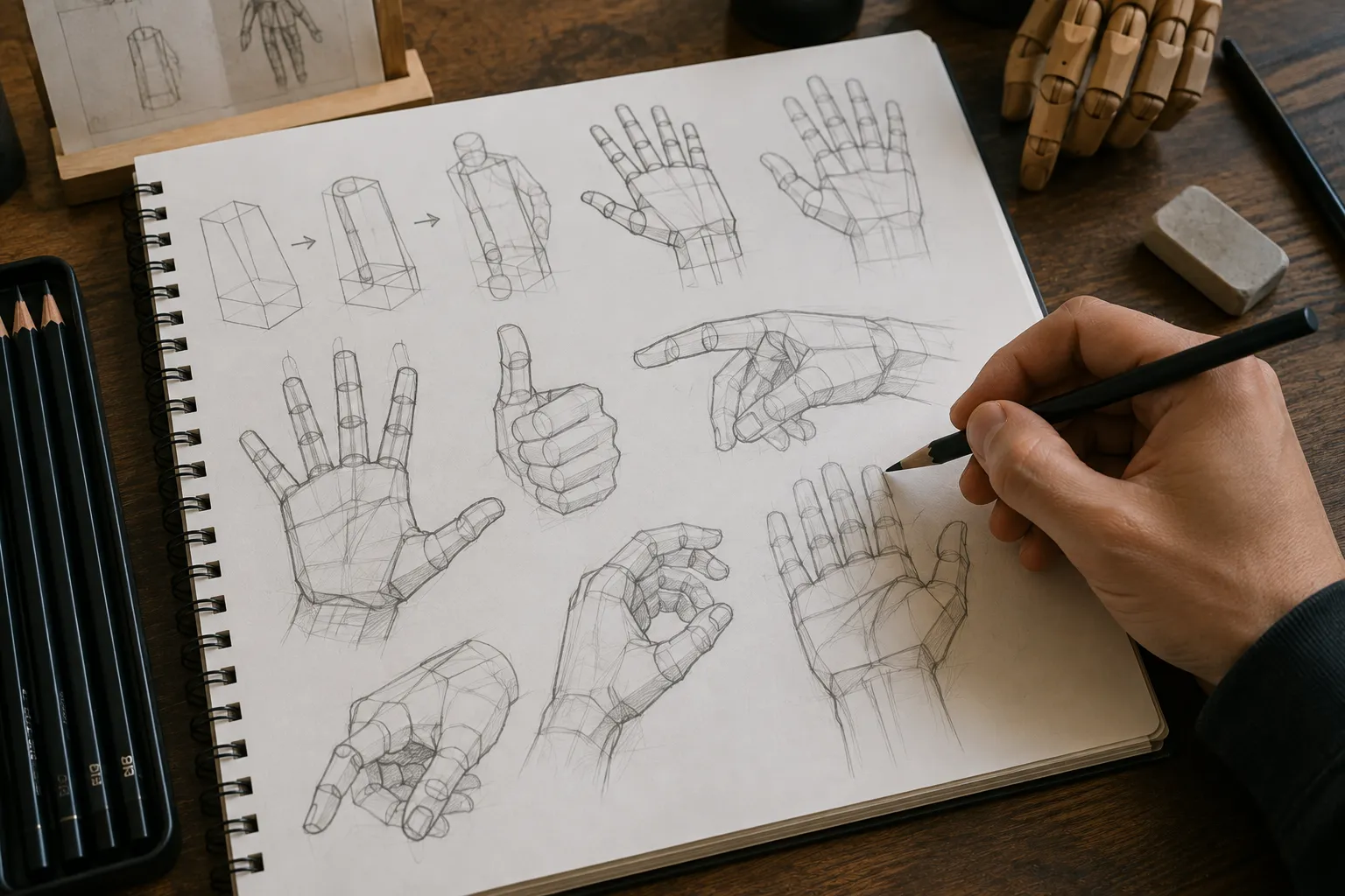 Artist practicing hand drawing using simplified block and cylinder construction