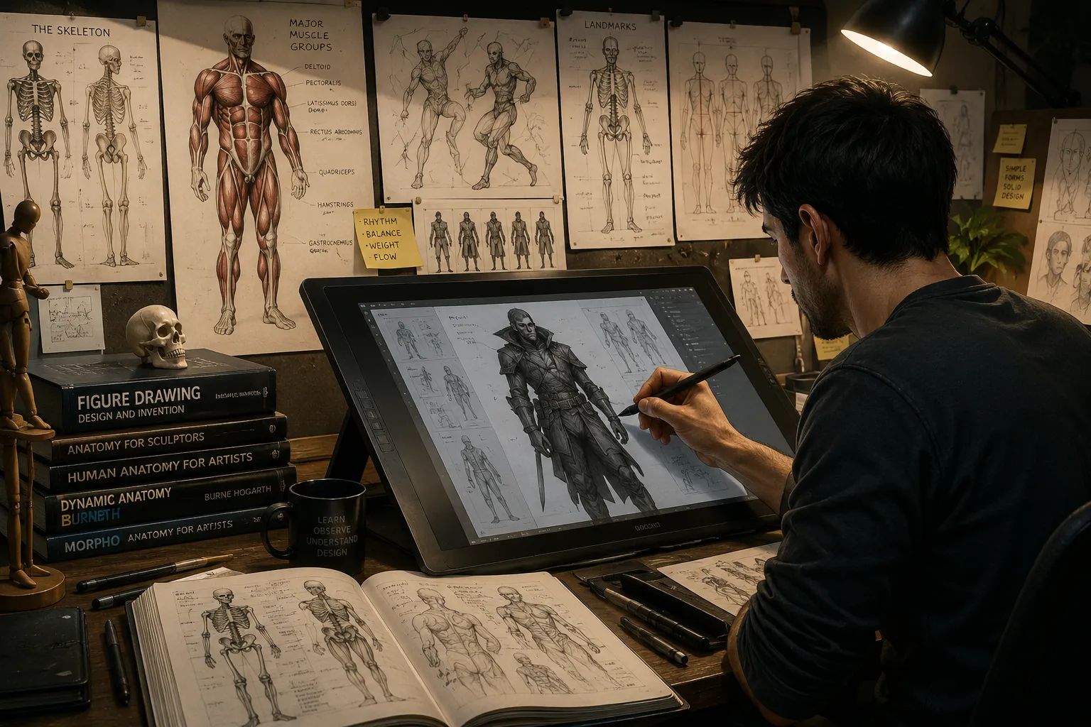 Concept artist studying human anatomy while designing a character
