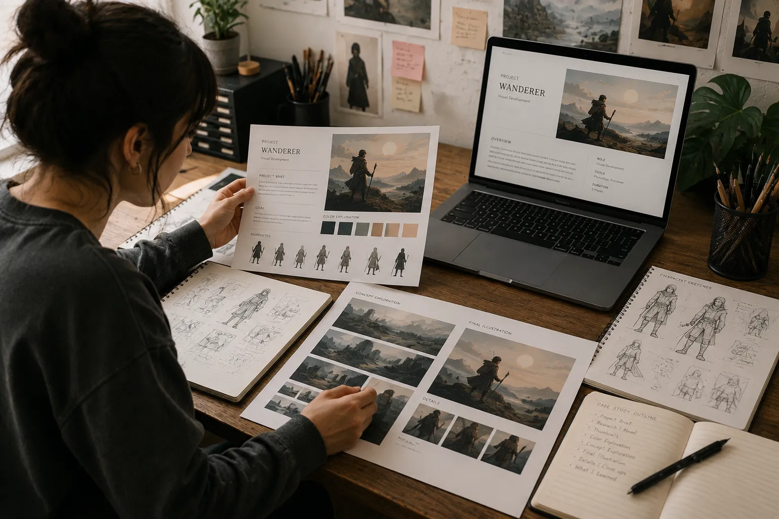 Artist organizing sketches and finished work into a professional portfolio case study