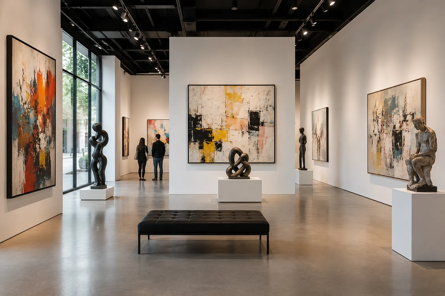 Contemporary artwork gallery displaying original paintings and sculptures in a modern exhibition space.