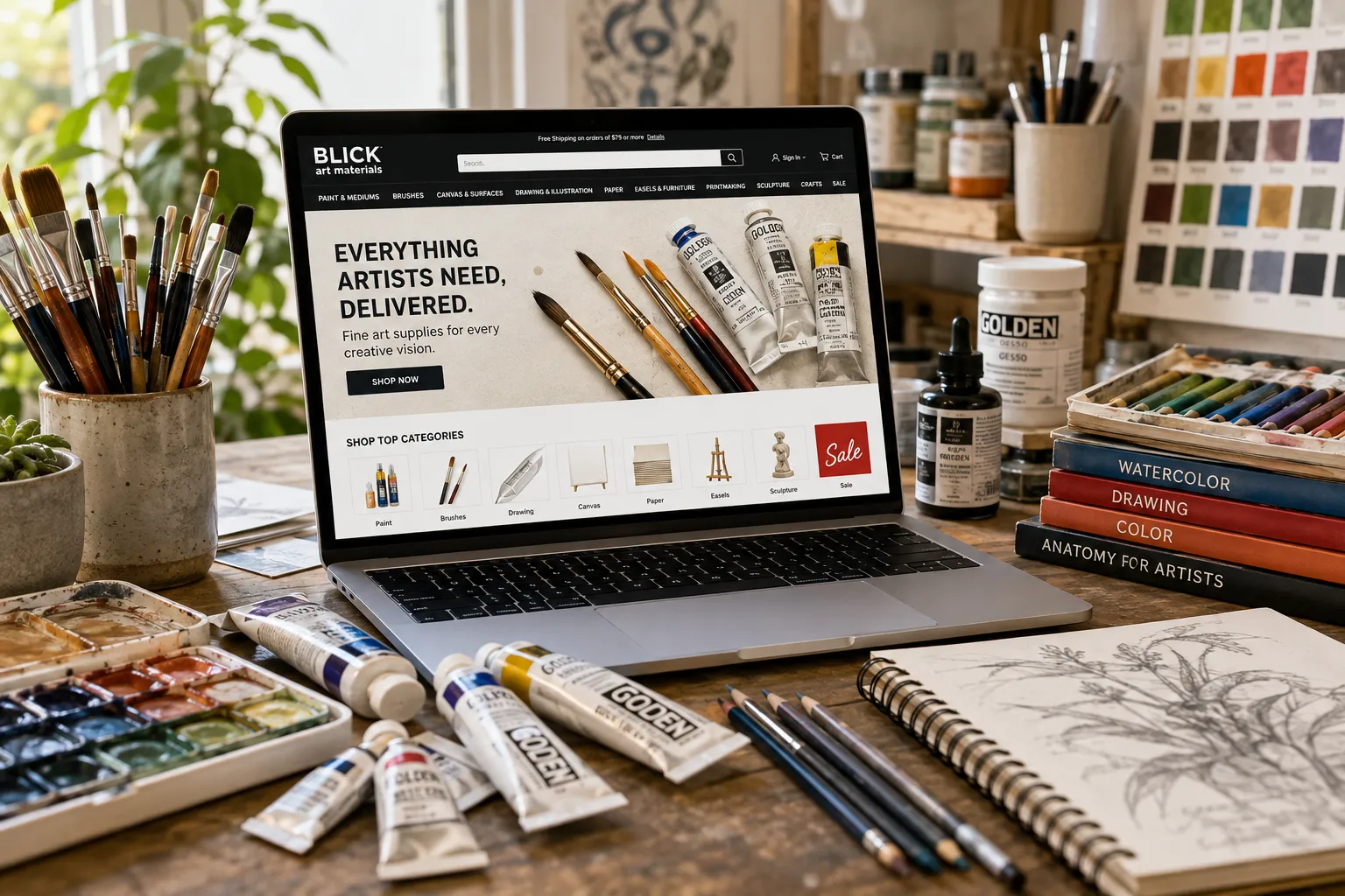 Artist shopping for paints, brushes, sketchbooks and other art supplies online