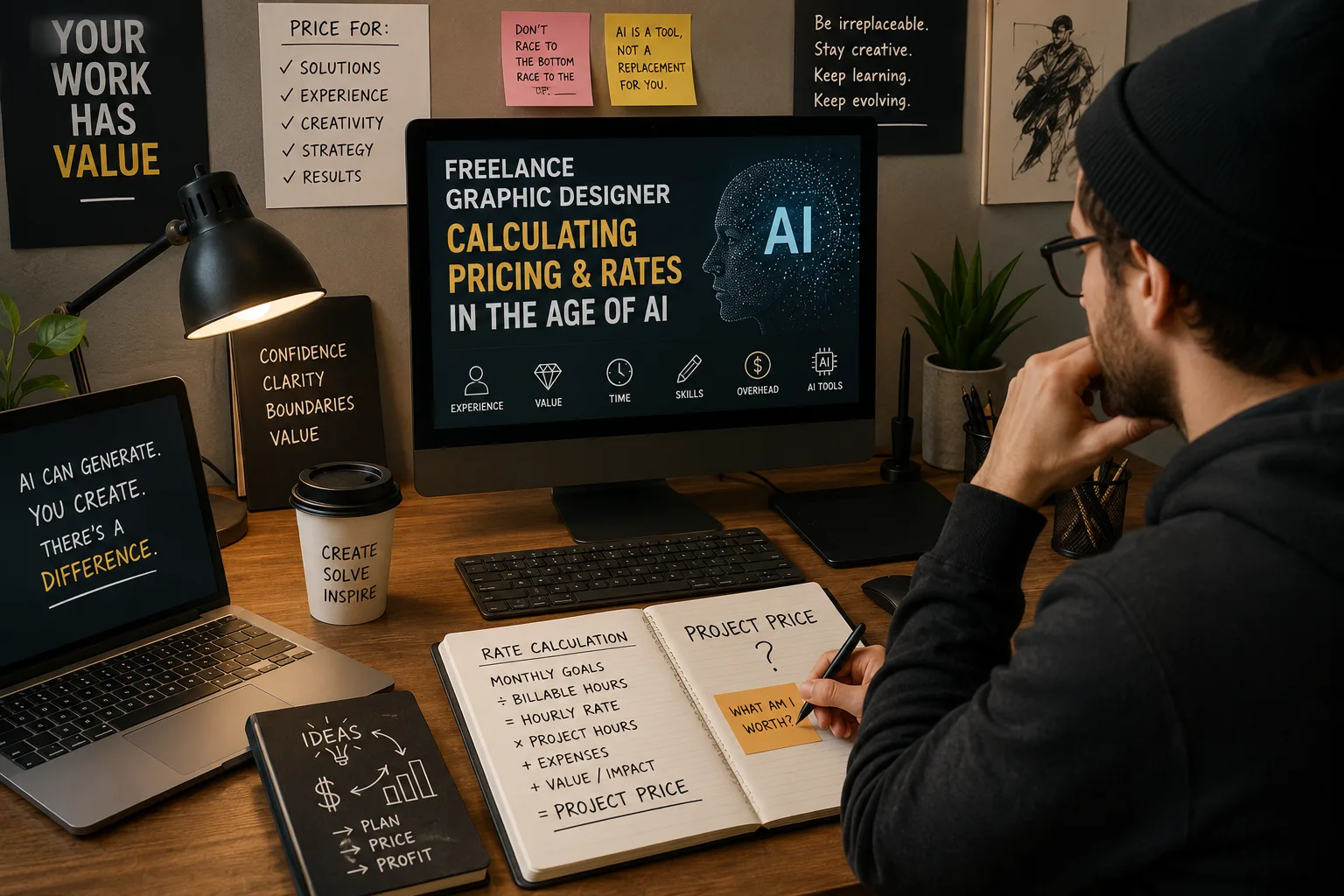 Freelance graphic designer calculating pricing and rates in the age of AI