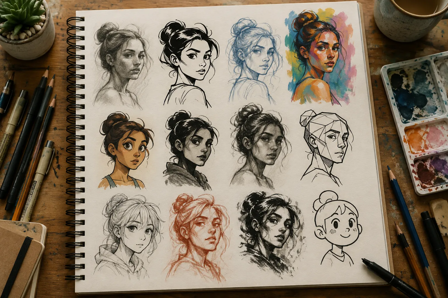 Artist experimenting with different drawing styles in a sketchbook