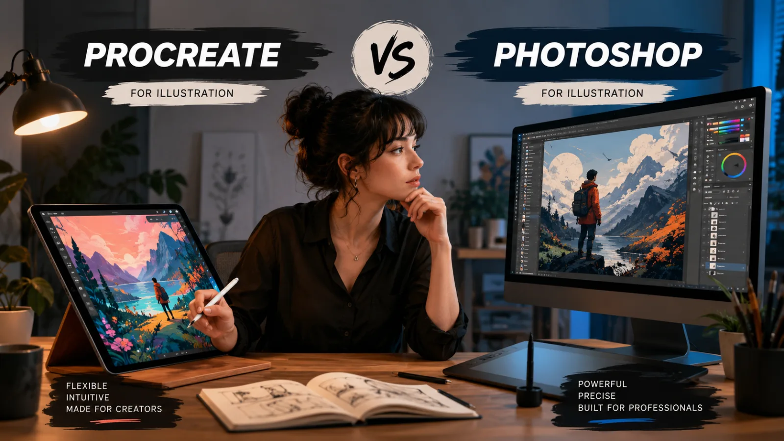 Digital illustrator comparing Procreate on an iPad with Adobe Photoshop and a drawing tablet.