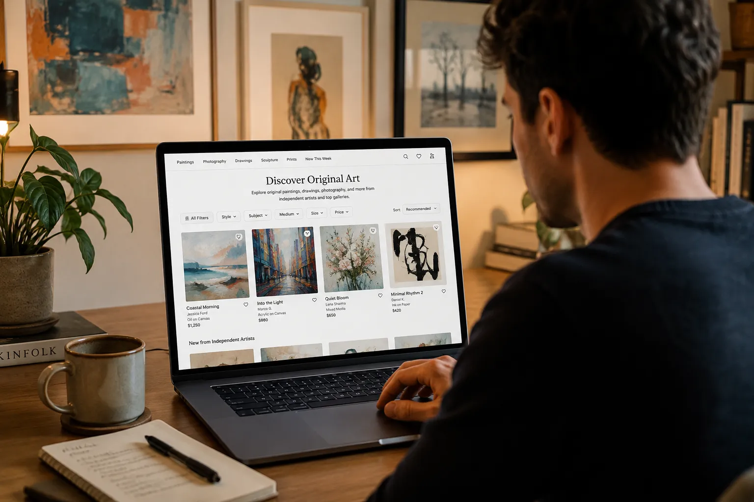 Collector browsing original artwork from online art galleries and independent artists