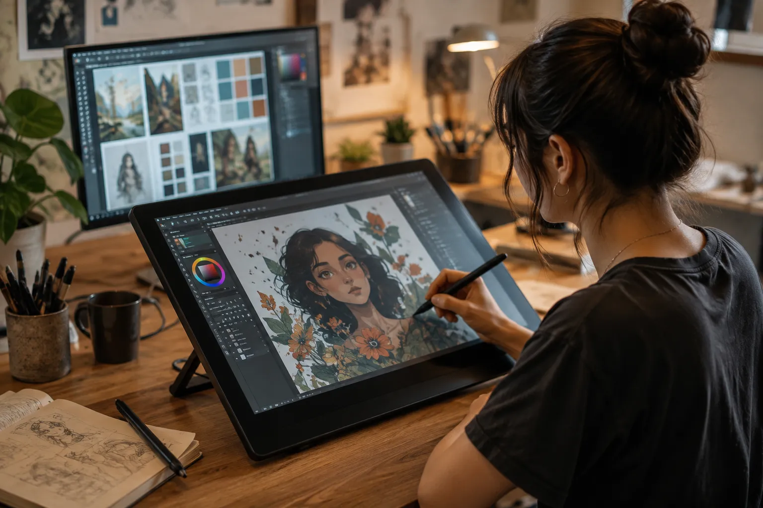 Beginner digital artist creating an illustration with a drawing tablet and stylus