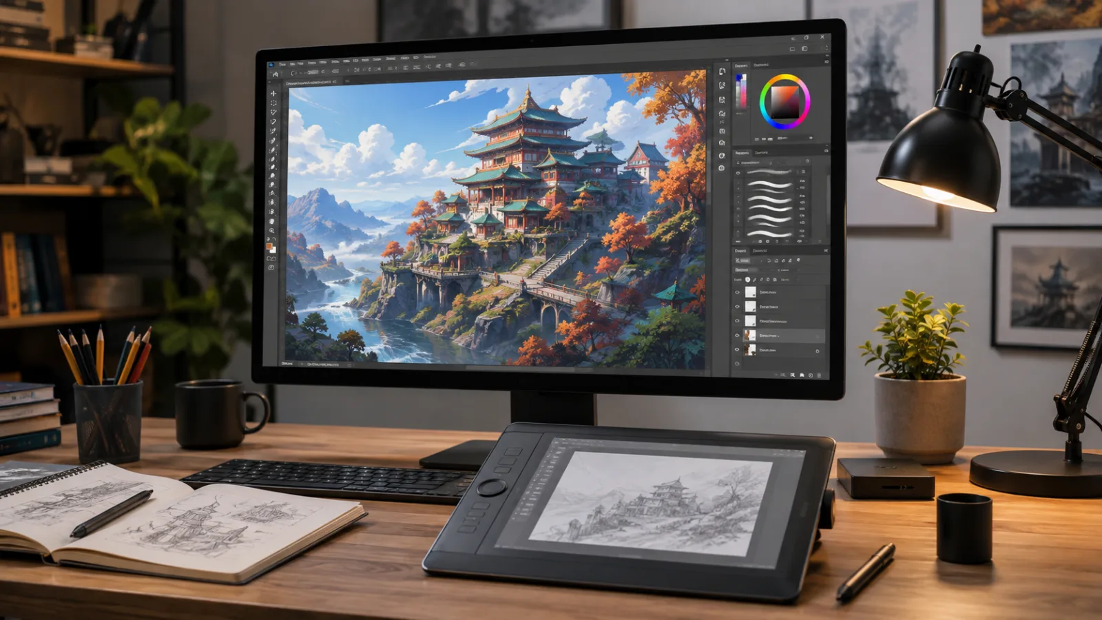 Adobe Photoshop illustration workspace with a desktop monitor and drawing tablet