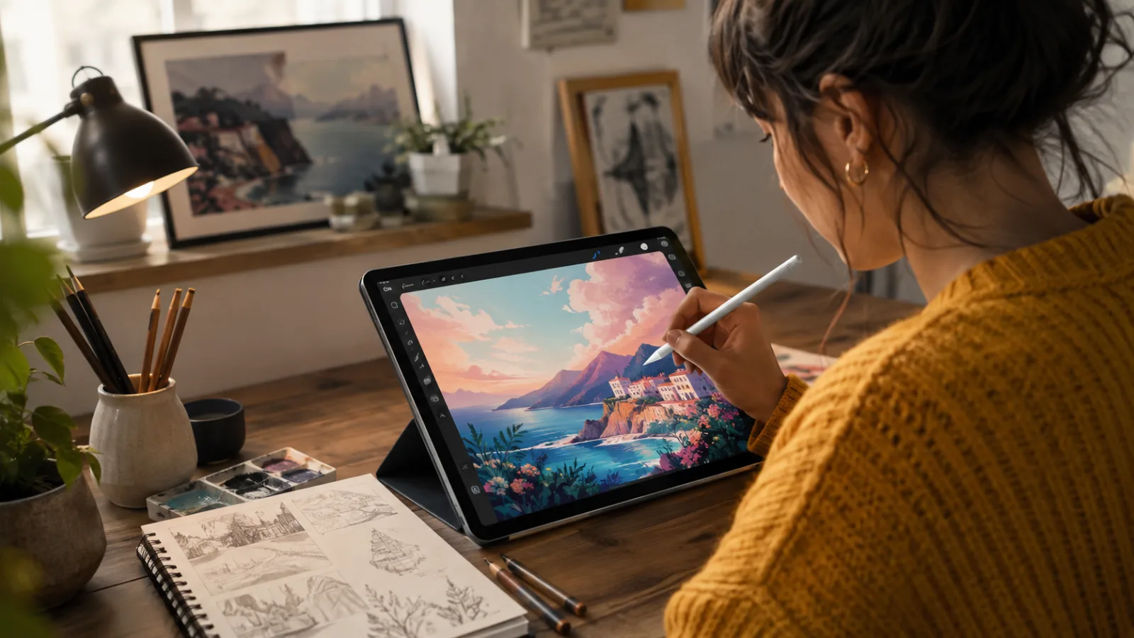Illustrator creating digital artwork in Procreate with an iPad and Apple Pencil.