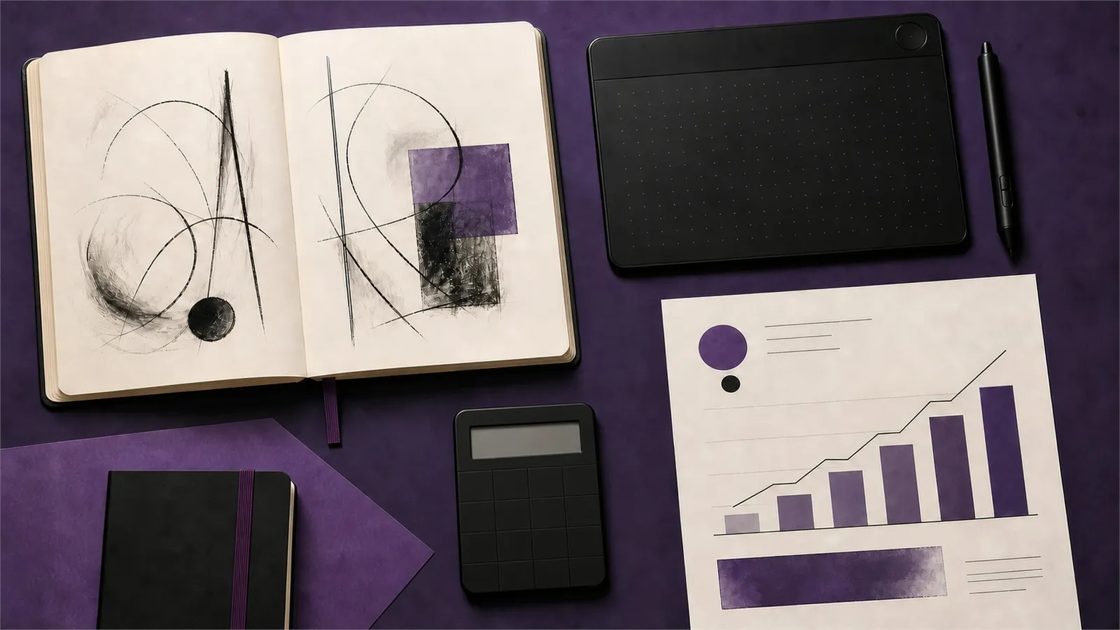 Art commission pricing guide with a calculator, sketchbook, and digital drawing tablet