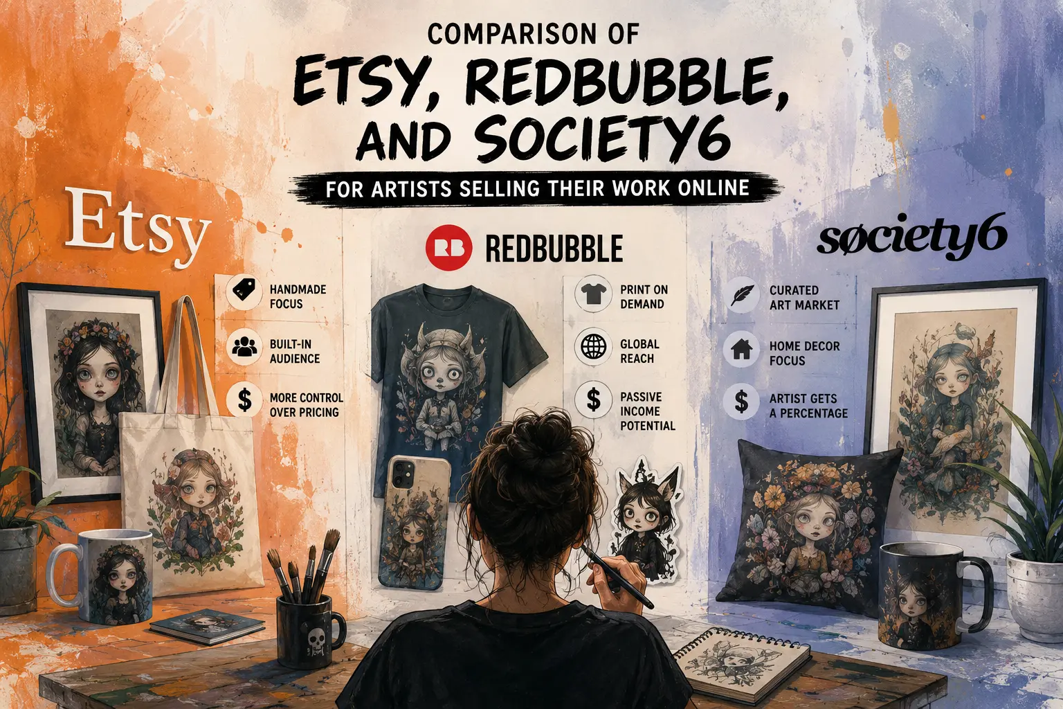 Comparison of Etsy, Redbubble, and Society6 for artists selling their work online