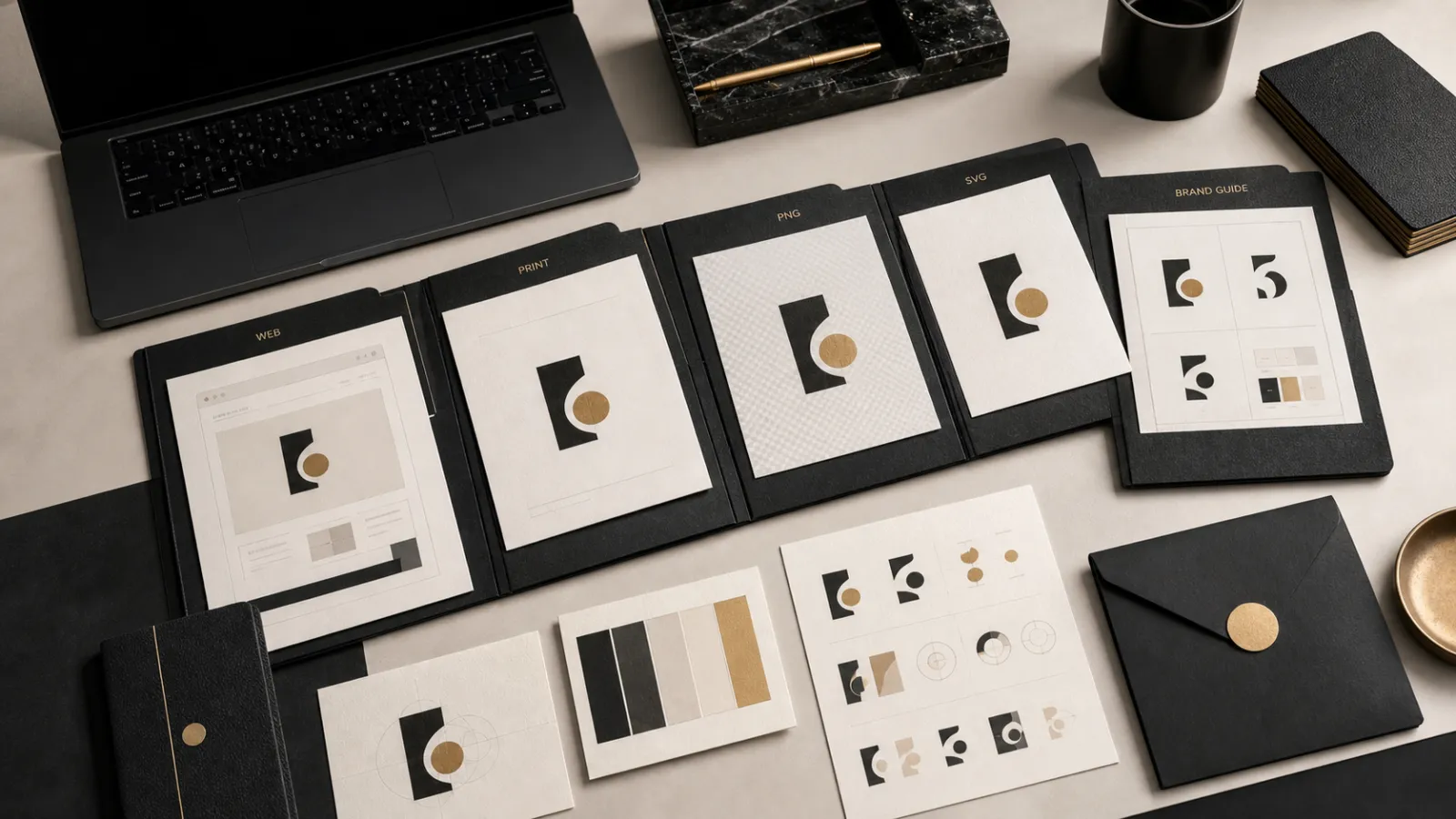 Organized logo files for clients arranged by web, print, color, and file format