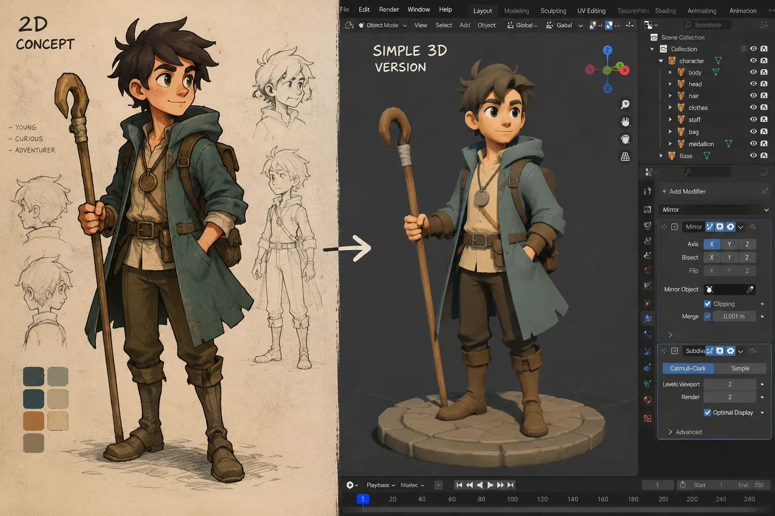 A 2D character illustration next to a simple stylized 3D model, showing an illustrator's first 3D project