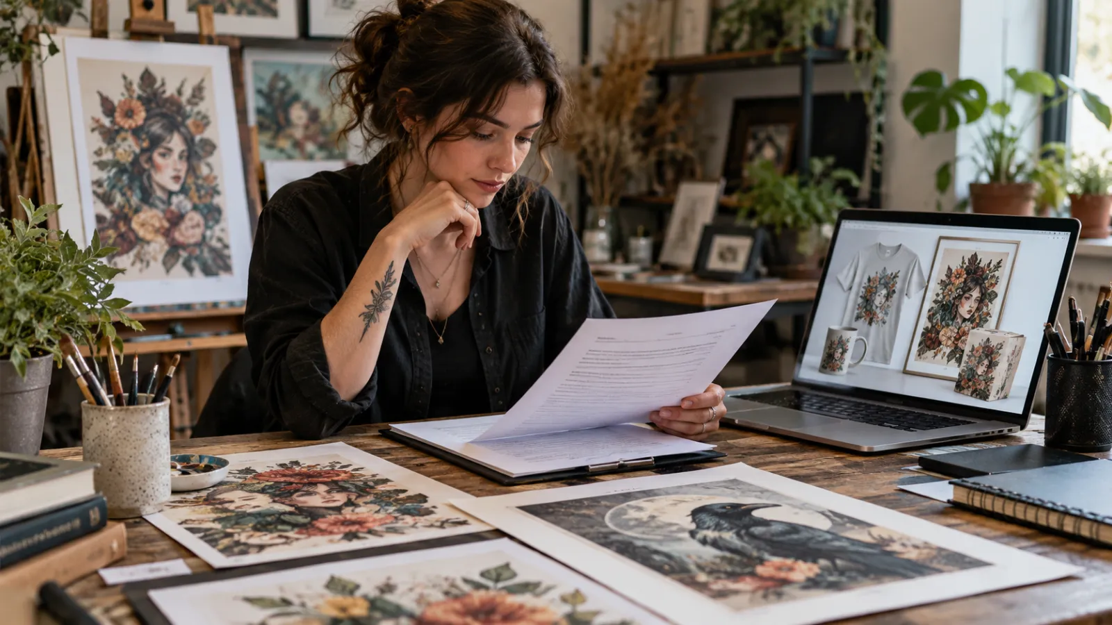 Artist reviewing an art licensing agreement while working with original artwork in a professional studio