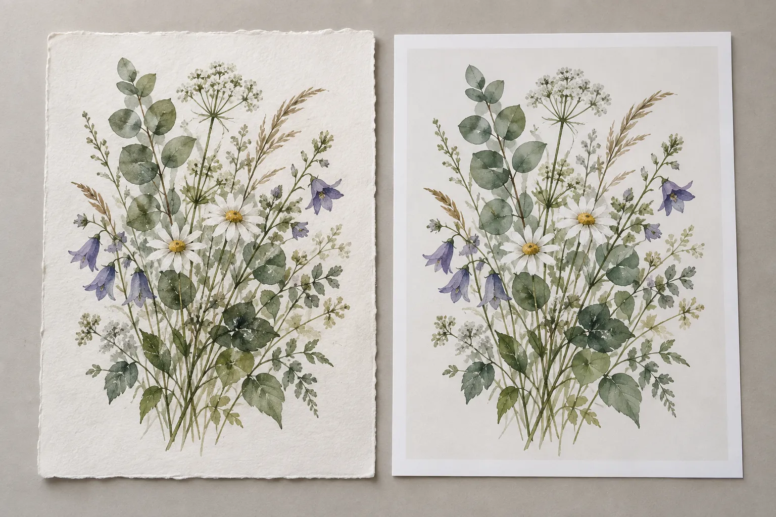 Original watercolor artwork beside a finished paper print with a white border